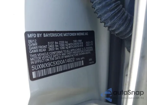 2013 BMW X3 xDrive28I из США, поврежденный, VIN 5UXWX9C5XD0A14822